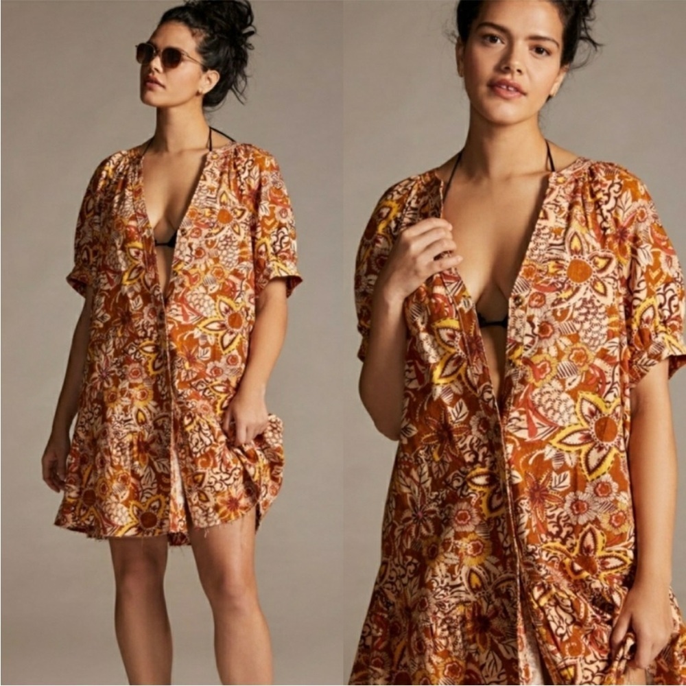 Pilcro Anthropologie Boho Puffed Sleeve Floral Tapestry Button Mini Dress XS